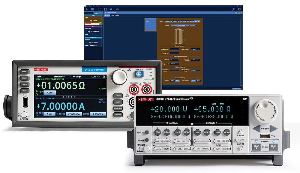 Keithley source meters (SMU) and Keithley KickStart Software Battery Simulator Application.